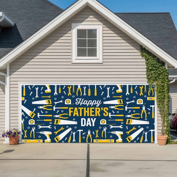 Garage Door Banner Happy Father's Day Words Garage Door Banner Cover for Outdoor Indoor, Workshop Equipment Hand Tools Large Backdrop Banners 6.9x16ft