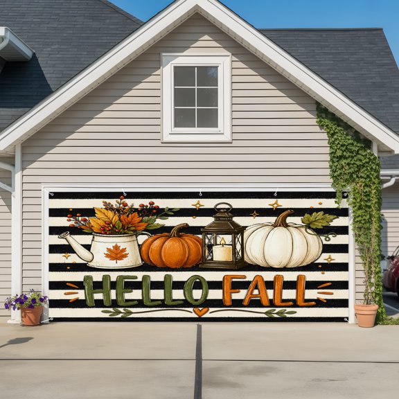 Garage Door Banner Hello Fall Words Pumpkins Garage Door Banner Cover for Outdoor Indoor, Thanksgiving Black Striped Large Backdrop Banners 6.9x8ft