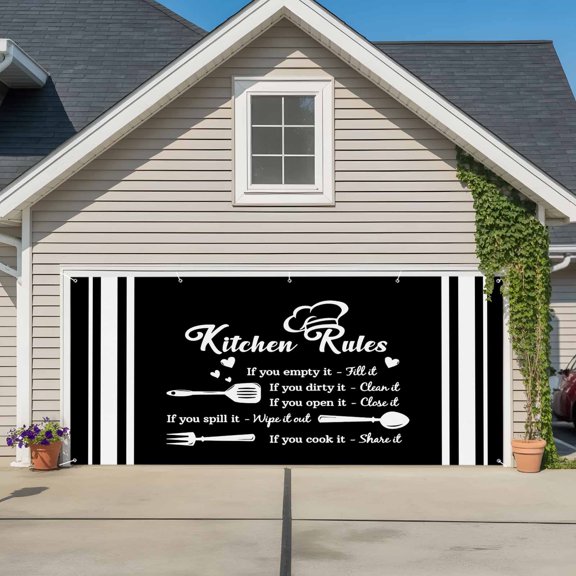 Garage Door Banner Kitchen Rules Black and White Garage Door Banner Cover for Outdoor Indoor, Kitchens Utensils Appliances Large Backdrop Banners 6.9x16ft