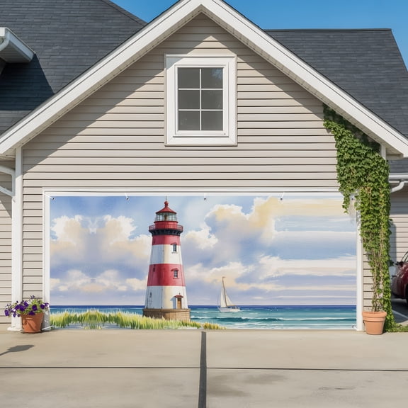 Garage Door Banner Lighthouse Beach Beach Sea Island Garage Door Banner Cover for Outdoor Indoor, Vintage Oil Painting Art Large Backdrop Banners 6.9x16ft