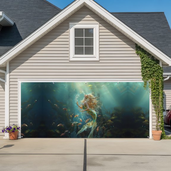 Garage Door Banner Marine Beautiful Mermaid Fish Garage Door Banner Cover for Outdoor Indoor, Undersea Ocean Life Seaweed Large Backdrop Banners 6.9x16ft