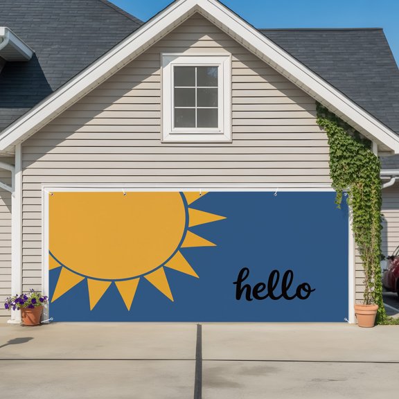 Garage Door Banner Modern Minimalist Sun Yellow Blue Garage Door Banner Cover for Outdoor Indoor, Hello Quote Sunburst Large Backdrop Banners 6.9x8ft