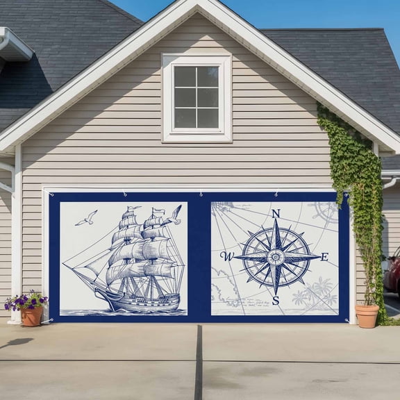 Garage Door Banner Navy Blue Compass Sailing Ship Plaid Garage Door Banner Cover for Outdoor Indoor, Nautical Retro Lighthouse Large Backdrop Banners 6.9x16ft