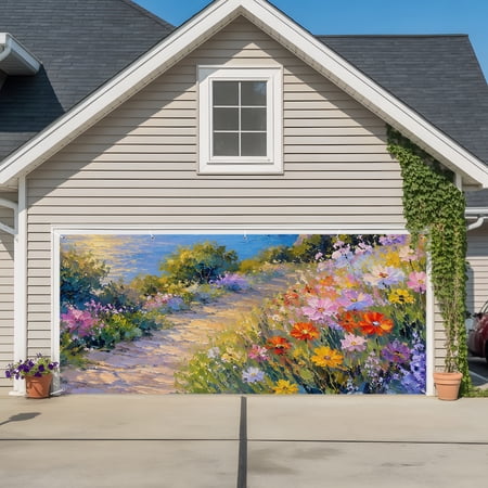 Garage Door Banner Ocean Coastal Sunset Scene Garage Door Banner Cover for Outdoor Indoor, Rustic Wildflower Path Large Backdrop Banners 6.9x16ft