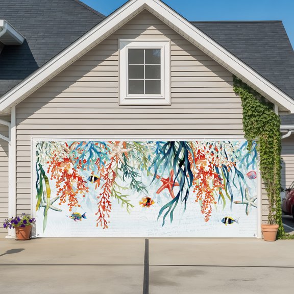 Garage Door Banner Ocean Coral Fish Starfish Garage Door Banner Cover for Outdoor Indoor, Blue Sea Underwater World Large Backdrop Banners 6.9x16ft