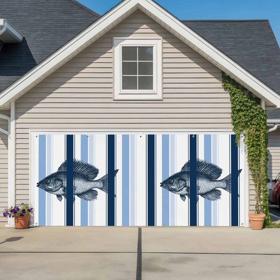 Garage Door Banner Ocean Fish Blue Stripe Garage Door Banner Cover for Outdoor Indoor, Watercolor Marine Life Line Theme Large Backdrop Banners 6.9x16ft