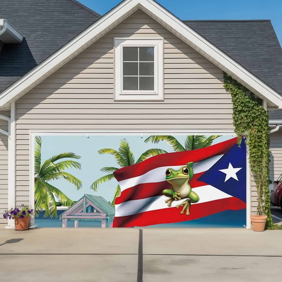 Garage Door Banner Puerto Rico Flag Frog Coconut Trees Garage Door Banner Cover for Outdoor Indoor, Ocean Beach Large Backdrop Banners 6.9x16ft