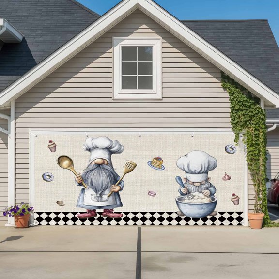 Garage Door Banner Retro Cartoon Dessert Chef Gnome Garage Door Banner Cover for Outdoor Indoor, Black White Diamond Lattice Plaid Large Backdrop Banners 6.9x8ft