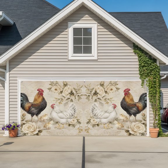 Garage Door Banner Retro Farm Rooster Hen Garage Door Banner Cover for Outdoor Indoor, Vintage Garden White Floral Art Large Backdrop Banners 6.9x8ft