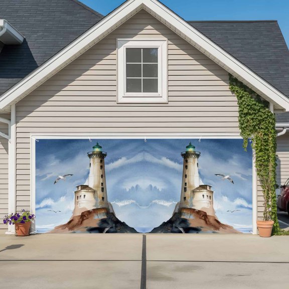 Garage Door Banner Retro Lighthouse Oil Painting Art Garage Door Banner Cover for Outdoor Indoor, Ocean Seagull Beach Large Backdrop Banners 6.9x16ft