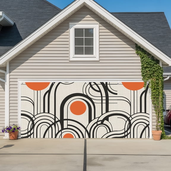 Garage Door Banner Retro Orange Sun Black Arch Garage Door Banner Cover for Outdoor Indoor, Geometric Stripe Circle on Linen Large Backdrop Banners 6.9x8ft