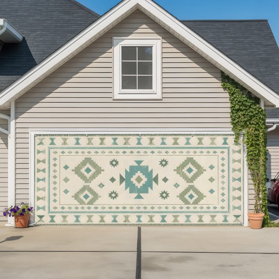 Garage Door Banner RetroTribal Geometric Southwestern Garage Door Banner Cover for Outdoor Indoor, Aztec Green Diamond Large Backdrop Banners 6.9x8ft