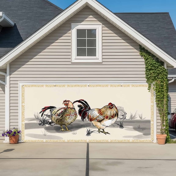 Garage Door Banner Rural Ink Art Farm Chicken Animals Garage Door Banner Cover for Outdoor Indoor, Golden Flowers Texture Border Large Backdrop Banners 6.9x8ft