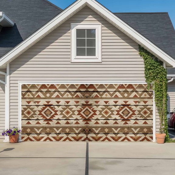 Garage Door Banner Rustic Aztec Style Pattern Garage Door Banner Cover for Outdoor Indoor, Southwestern Geometric Art Large Backdrop Banners 6.9x16ft