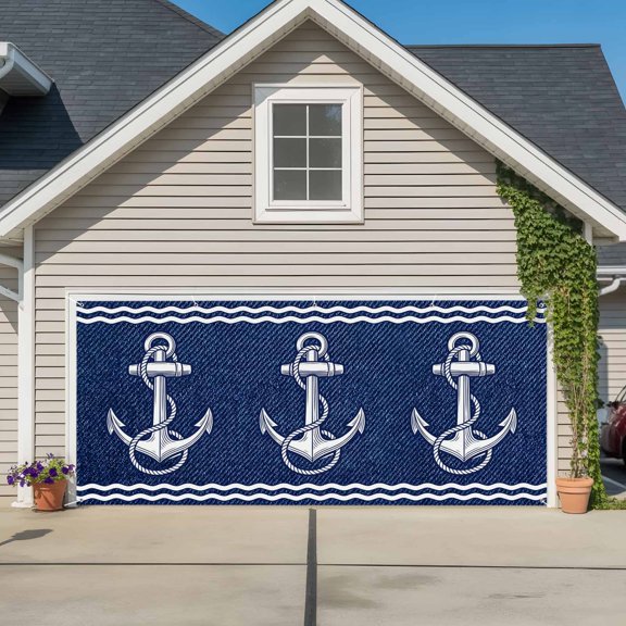 Garage Door Banner Rustic Midnight Blue Ship Anchor Garage Door Banner Cover for Outdoor Indoor, Nautical Ocean Waves Large Backdrop Banners 6.9x16ft