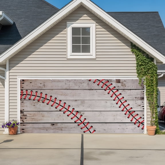 Garage Door Banner Sports Baseball Texture Red Lines Garage Door Banner Cover for Outdoor Indoor, Farm Wooden Plank Large Backdrop Banners 6.9x16ft