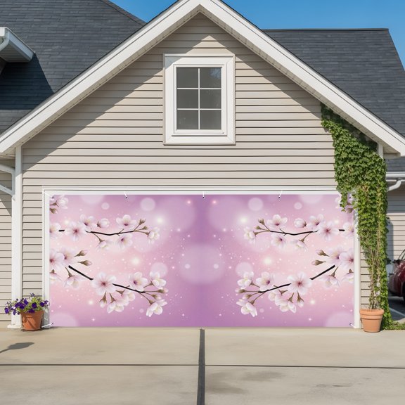 Garage Door Banner Spring Cherry Blossom Pink Flower Garage Door Banner Cover for Outdoor Indoor, Fantasy Floral Tree Branch Large Backdrop Banners 6.9x16ft