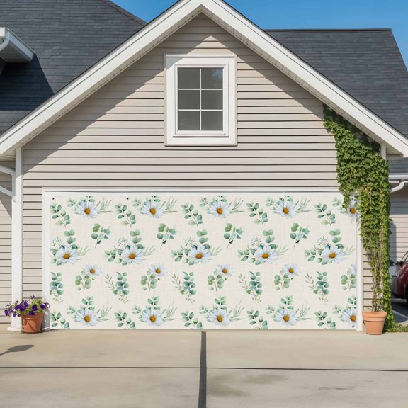 Garage Door Banner Spring Daisy Green Leaves on Linen Garage Door Banner Cover for Outdoor Indoor, Watercolor Flower Leaf Large Backdrop Banners 6.9x16ft