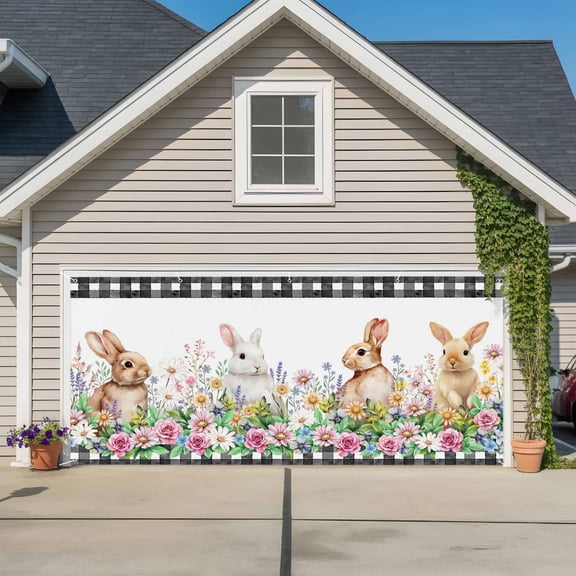 Garage Door Banner Spring Easter Farm Rabbit Flower Garage Door Banner Cover for Outdoor Indoor, Garden Floral Black Checker Large Backdrop Banners 6.9x8ft