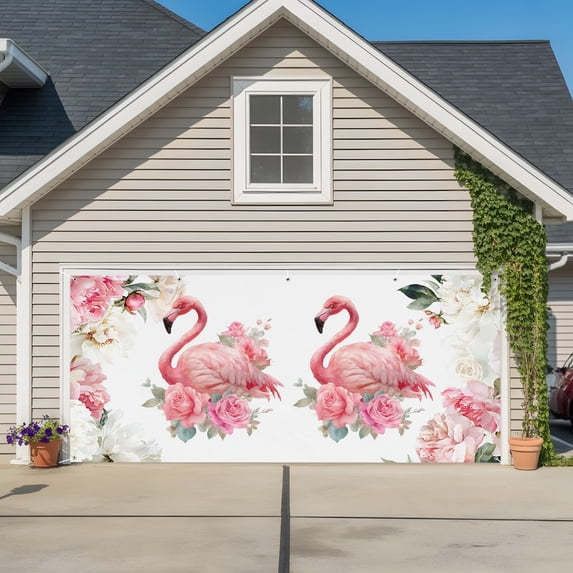 Garage Door Banner Spring Flower Pink Flamingo Garage Door Banner Cover garage-door-banner-spring-flower-pink-flamingo-garage-door-banner-cover