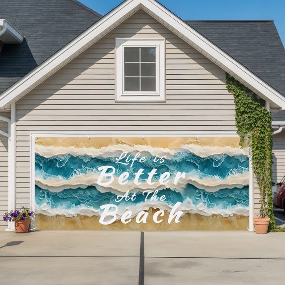 Garage Door Banner Summer Abstract Gradient Ocean Waves Garage Door Banner Cover for Outdoor Indoor, Better Beach Life Large Backdrop Banners 6.9x16ft