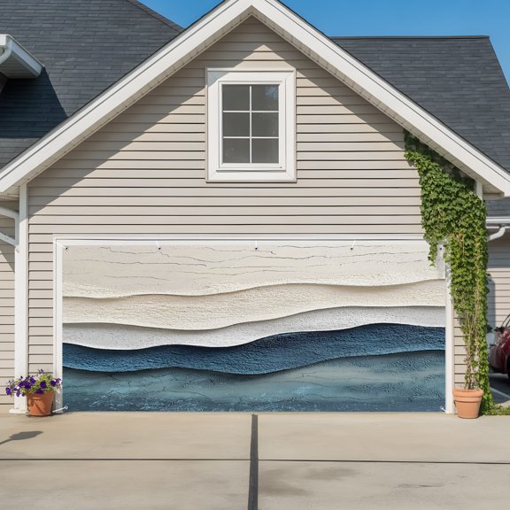 Garage Door Banner Summer Beach Abstract Blue Wave Garage Door Banner Cover for Outdoor Indoor, Seaside Gradient Water Ripple Large Backdrop Banners 6.9x8ft