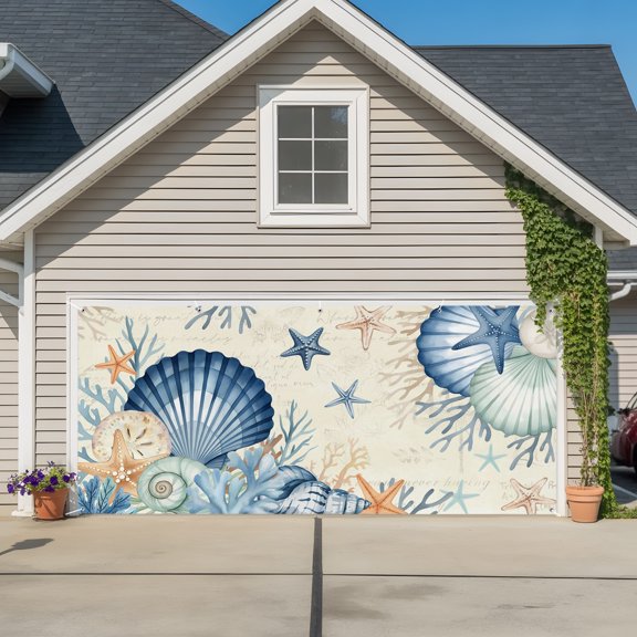 Garage Door Banner Summer Blue Shells Starfish Garage Door Banner Cover for Outdoor Indoor, Vintage Coral Shells Fish Large Backdrop Banners 6.9x16ft