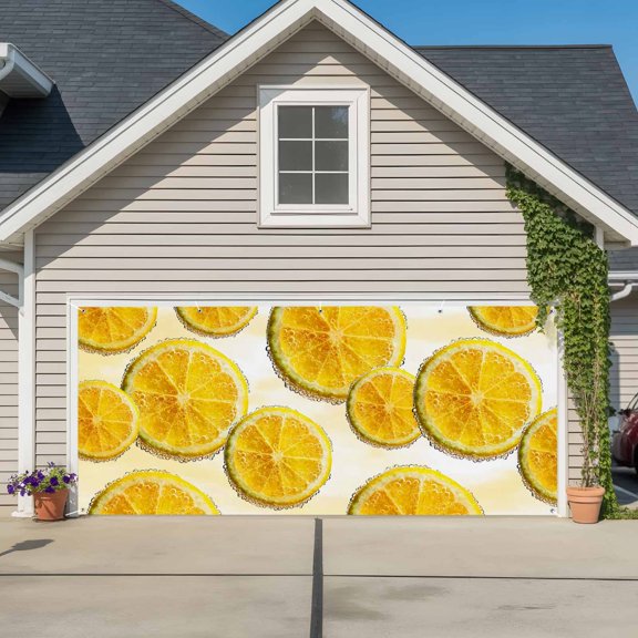 Garage Door Banner Summer Fruit Lemon Slices Garage Door Banner Cover for Outdoor Indoor, Kitchen Yellow White Large Backdrop Banners 6.9x16ft
