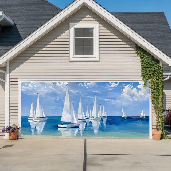 Garage Door Banner Summer Ocean Sailing Boats Garage Door Banner Cover for Outdoor Indoor, Blue Sky Oil Painting Art Large Backdrop Banners 6.9x16ft