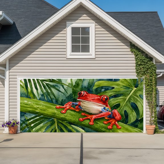 Garage Door Banner Summer Tropical Red Frog Pattern Garage Door Banner Cover for Outdoor Indoor, Monstera Leaf Large Backdrop Banners 6.9x16ft