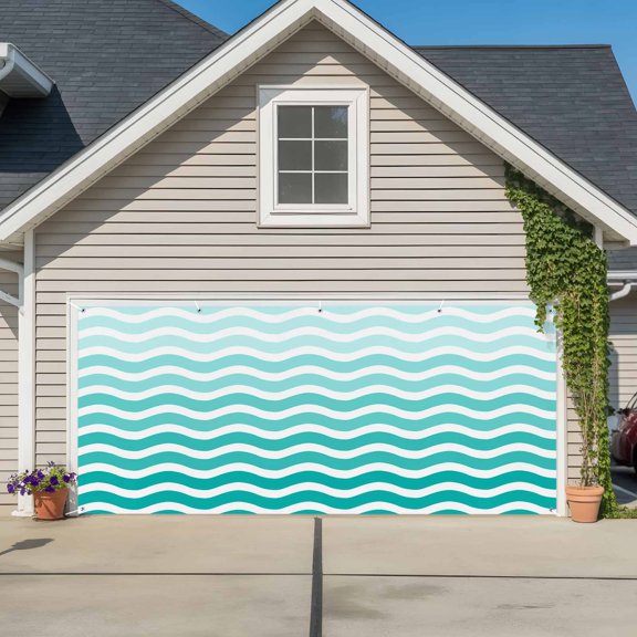 Garage Door Banner Teal Gradient Water Ripple Garage Door Banner Cover for Outdoor Indoor, Turquoise Abstract Geometric Large Backdrop Banners 6.9x16ft