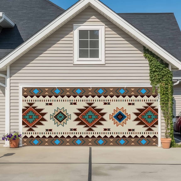 Garage Door Banner Tribal Aztec Ethnic Style Garage Door Banner Cover for Outdoor Indoor, Abstract Geometric Vintage Brown Large Backdrop Banners 6.9x16ft