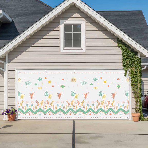 Garage Door Banner Tribal Aztec Yellow Green Plant Garage Door Banner Cover for Outdoor Indoor, Abstract Botanical Leaf Large Backdrop Banners 6.9x16ft