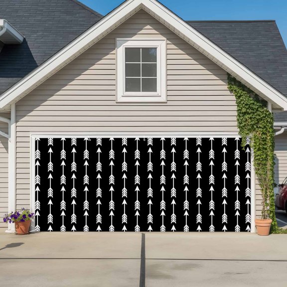 Garage Door Banner Tribal Style Arrows Pattern Garage Door Banner Cover for Outdoor Indoor, Black Background Large Backdrop Banners 6.9x8ft