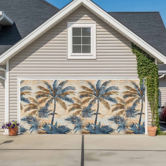 Garage Door Banner Tropical Coconut Tree Silhouette Garage Door Banner Cover for Outdoor Indoor, Retro Farm Beach Palm Plant Large Backdrop Banners 6.9x16ft
