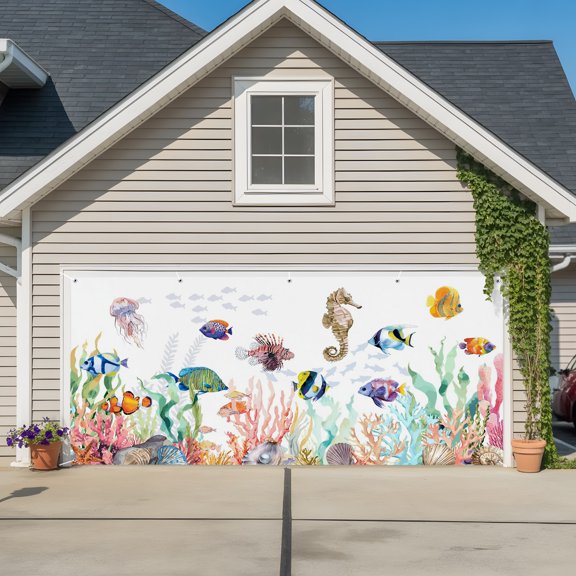 Garage Door Banner Tropical Ocean Colored Fish Garage Door Banner Cover for Outdoor Indoor, Coral Shell Seaweed Large Backdrop Banners 6.9x16ft