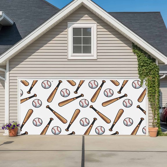 Garage Door Banner Vintage Baseball Sport Cartoon Garage Door Banner Cover for Outdoor Indoor, Wooden Baseball Bat Large Backdrop Banners 6.9x16ft