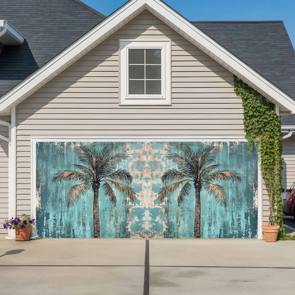Garage Door Banner Vintage Tropical Coconut Tree Garage Door Banner Cover for Outdoor Indoor, Retro Blue Background Large Backdrop Banners 6.9x16ft