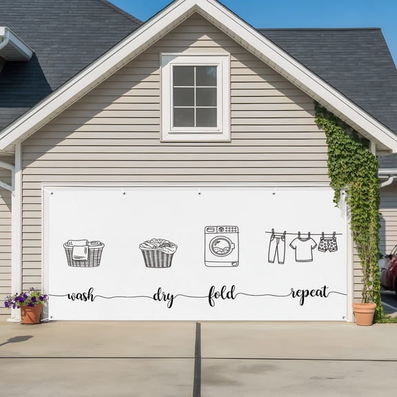 Garage Door Banner Wash Dry Fold Repeat Words Garage Door Banner Cover for Outdoor Indoor, Cartoon Laundry Steps Large Backdrop Banners 6.9x8ft