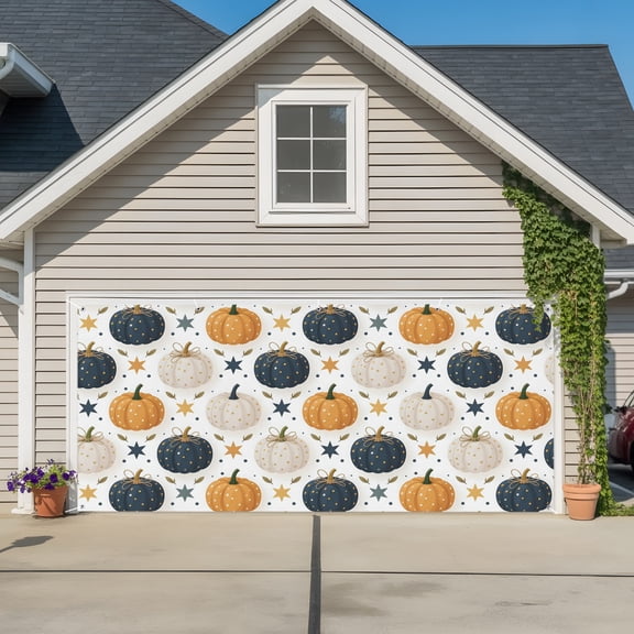 Garage Door Banner Watercolor Autumn Pumpkins Garage Door Banner Cover for Outdoor Indoor, Pentagram Maple Leaf Large Backdrop Banners 6.9x8ft