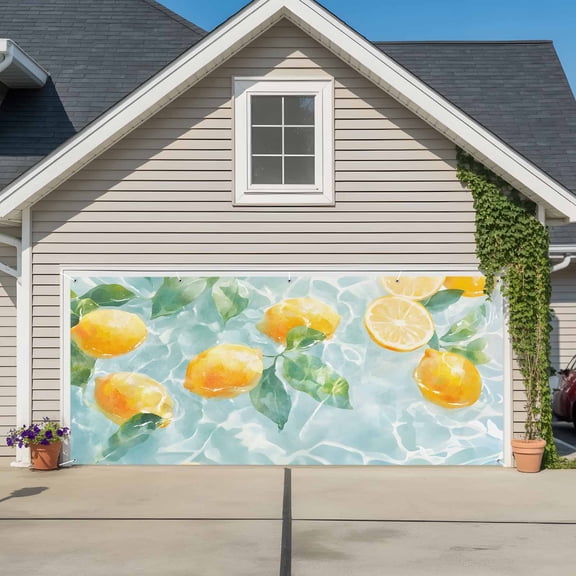 Garage Door Banner Watercolor Lemons on Lake Garage Door Banner Cover for Outdoor Indoor, Yellow Fruit Leaves Water Ripples Large Backdrop Banners 6.9x8ft