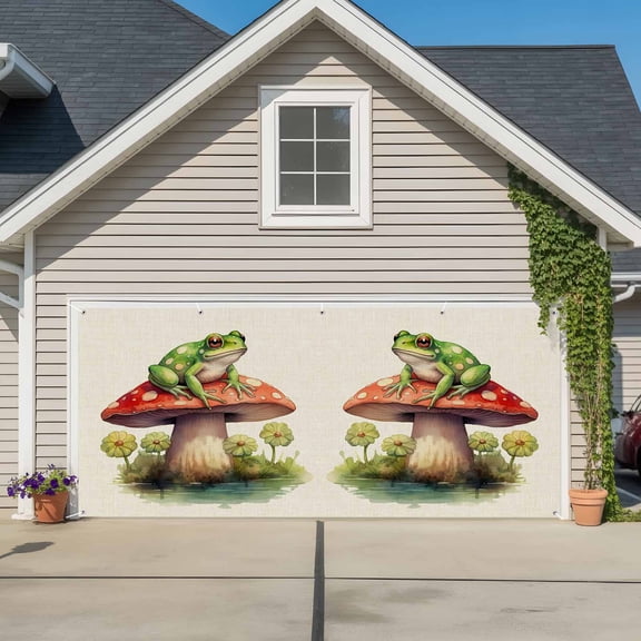 Garage Door Banner Watercolor Mushroom Frog Leaves Garage Door Banner Cover for Outdoor Indoor, Botanical Leaf on Linen Large Backdrop Banners 6.9x16ft