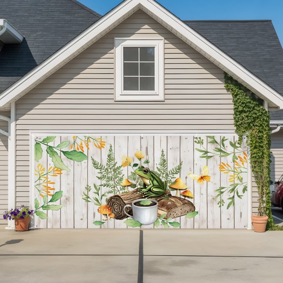 Garage Door Banner Watercolor Rustic Frog Leaves Plant Garage Door Banner Cover for Outdoor Indoor, Coffee Mushroom on Wooden Large Backdrop Banners 6.9x16ft