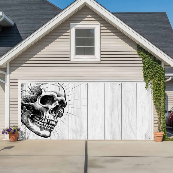 Garage Door Banner Watercolor Skull Line Pattern Garage Door Banner Cover for Outdoor Indoor, Abstract Skeleton on White Wood Large Backdrop Banners 6.9x16ft