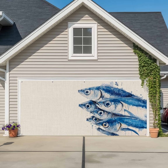 Garage Door Banner Watercolor Underwater Fish on Vintage Linen Garage Door Banner Cover for Outdoor Indoor, Coastal Ocean Life Large Backdrop Banners 6.9x16ft