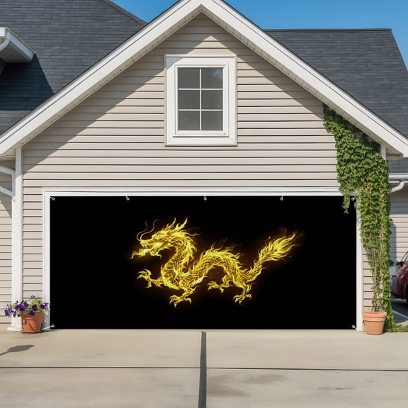Garage Door Banner Watercolor Yellow Flames Dragons on Black Garage Door Banner Cover for Outdoor Indoor, Abstract Art Large Backdrop Banners 6.9x16ft