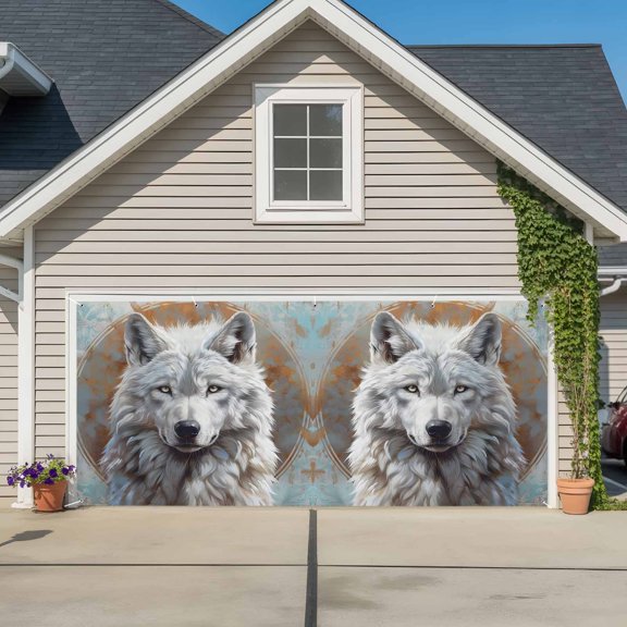Garage Door Banner White Wolf Animal Cool Wildlife Blue Gradient Garage Door Banner Cover for Outdoor Indoor, Retro Floral Large Backdrop Banners 6.9x16ft