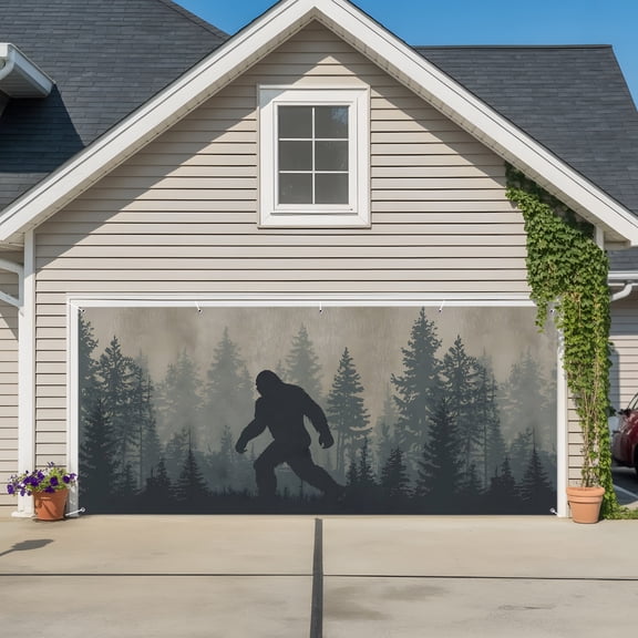 Garage Door Banner Wildman Gorilla Forest Silhouette Garage Door Banner Cover for Outdoor Indoor, Retro Tree Large Backdrop Banners 6.9x16ft