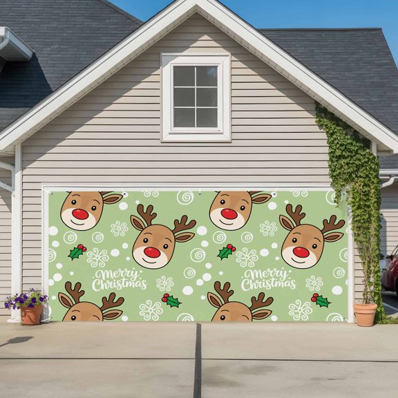 Garage Door Banner Winter Christmas Deer Snowflake Garage Door Banner Cover for Outdoor Indoor, Xmas Berry on Green Large Backdrop Banners 6.9x8ft