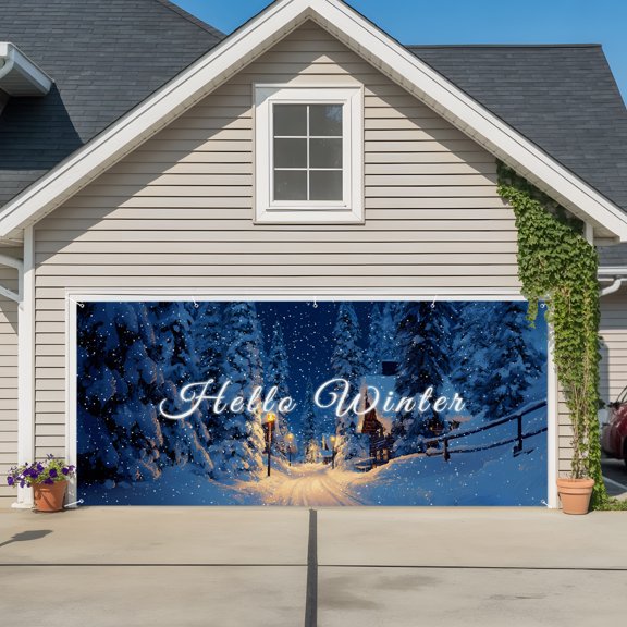 Garage Door Banner Winter Forest Night Landscape Garage Door Banner Cover for Outdoor Indoor, Snwoflake Snowfield Tree Large Backdrop Banners 6.9x16ft
